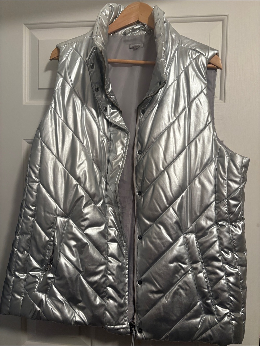 Talbots Metallic Silver Quilted Puffer Vest with High Collar
